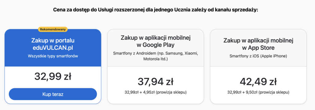 warianty ceny za dziennik elektroniczny eduVulcan w zależności od kanału kupna